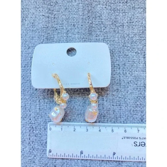 Gold Tone Irregular Hoop Earrings with Baroque imitation Pearl and Pearl Accents - Picture 7 of 8